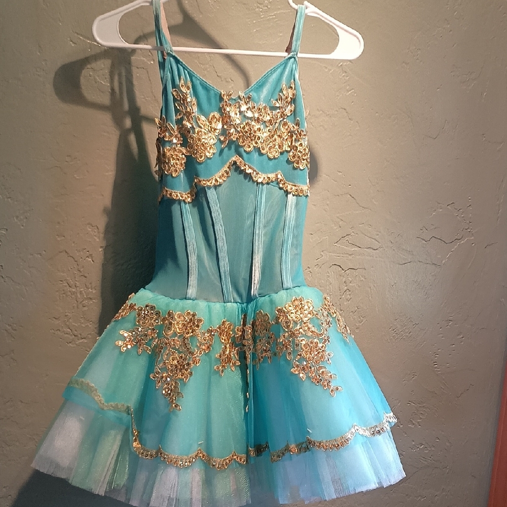 Elegant Teal and Gold Ballet Costume